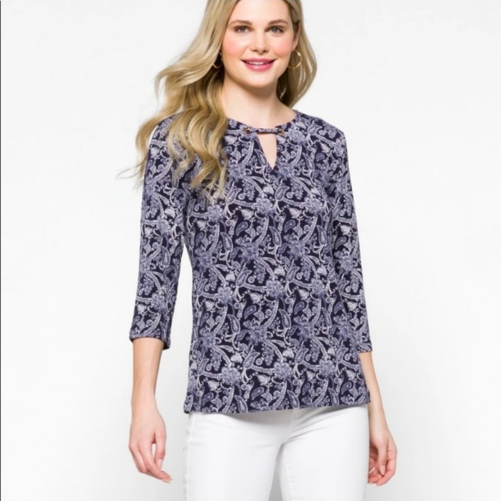 MAGNOLIA GRACE NWOT Navy & White Paisley Blouse Size M